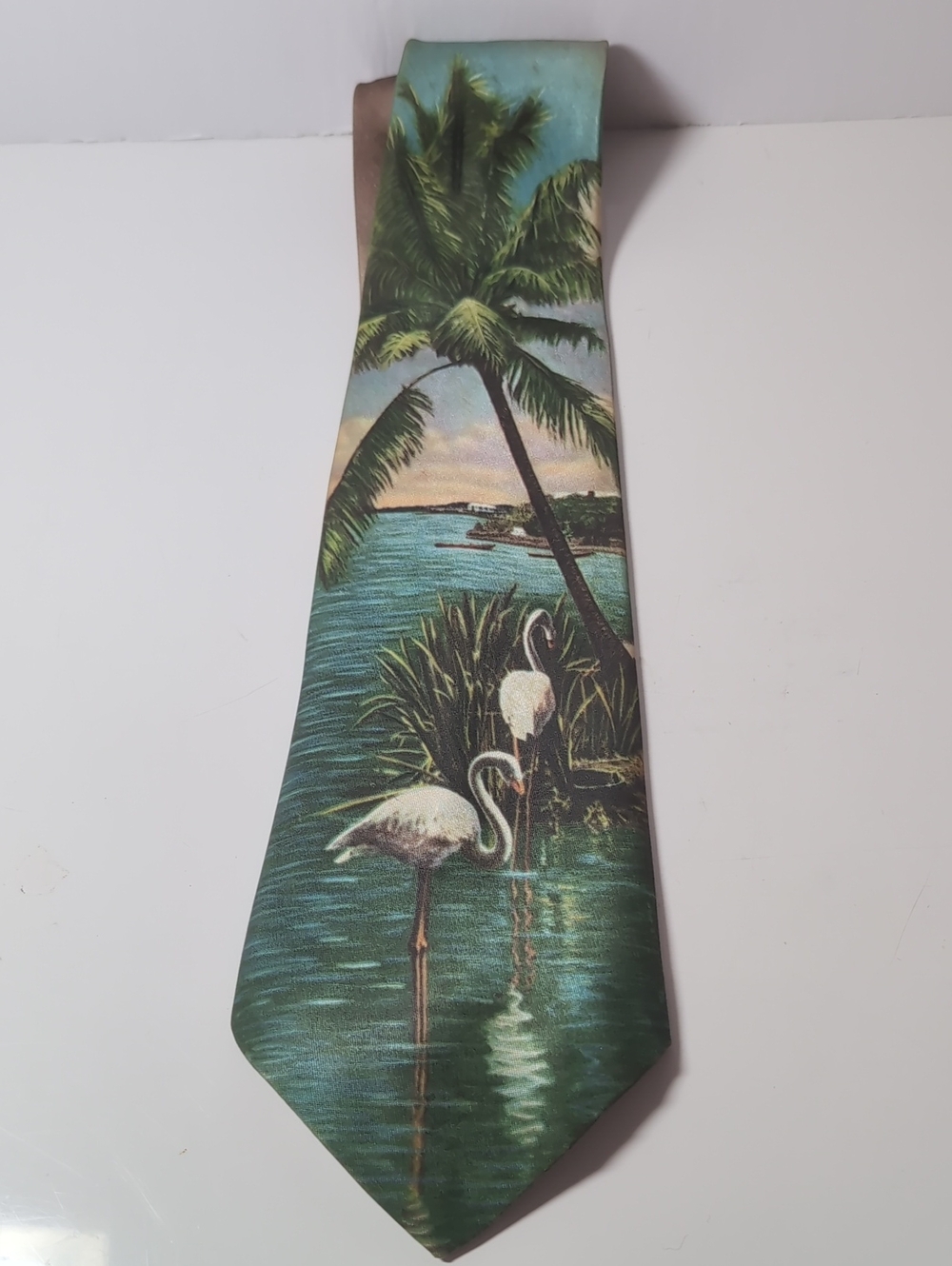 Vintage 1940's Tropical Flamingo Scene  Color Photo Tie